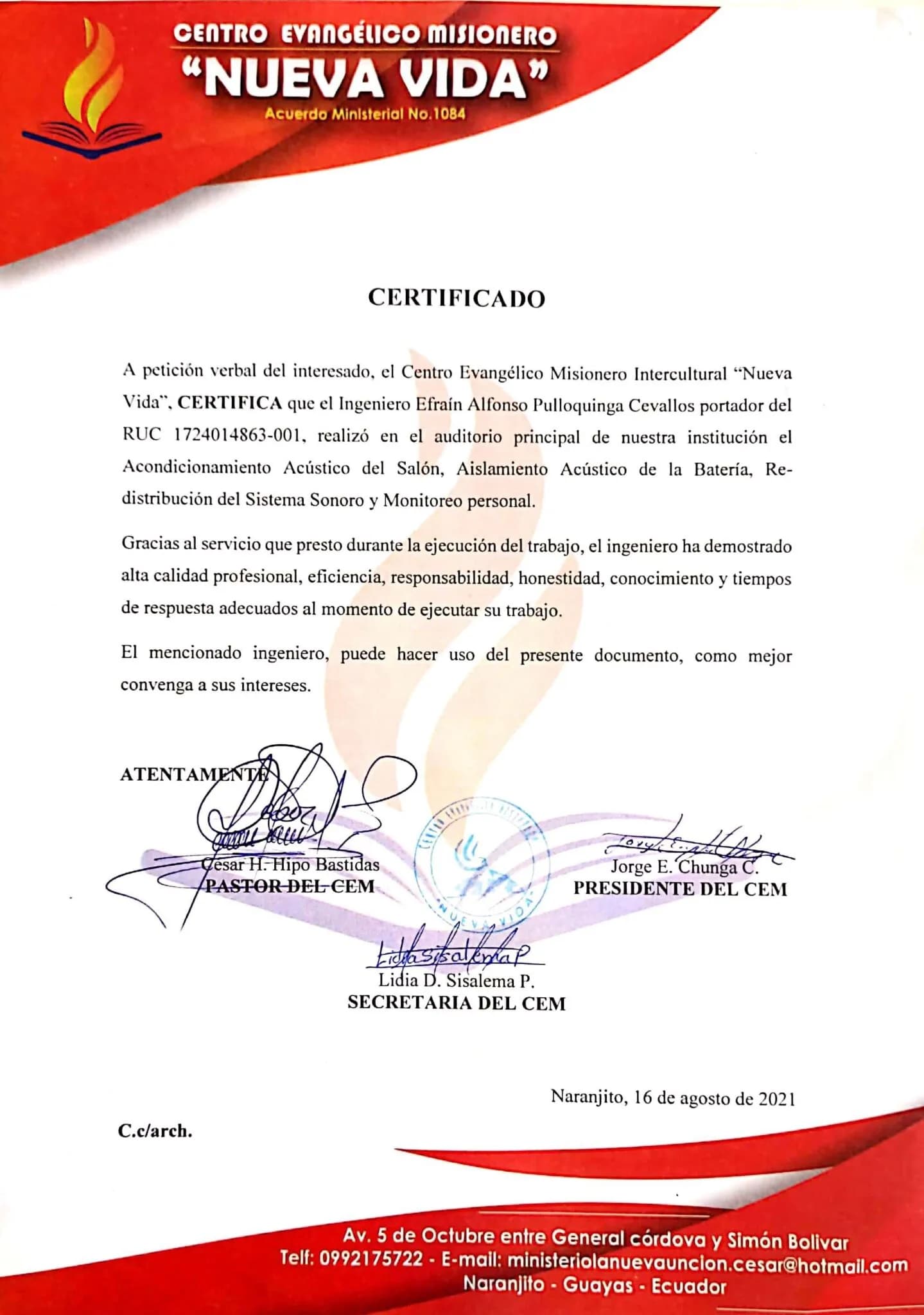 Certificado Auditorio Nueva Vida