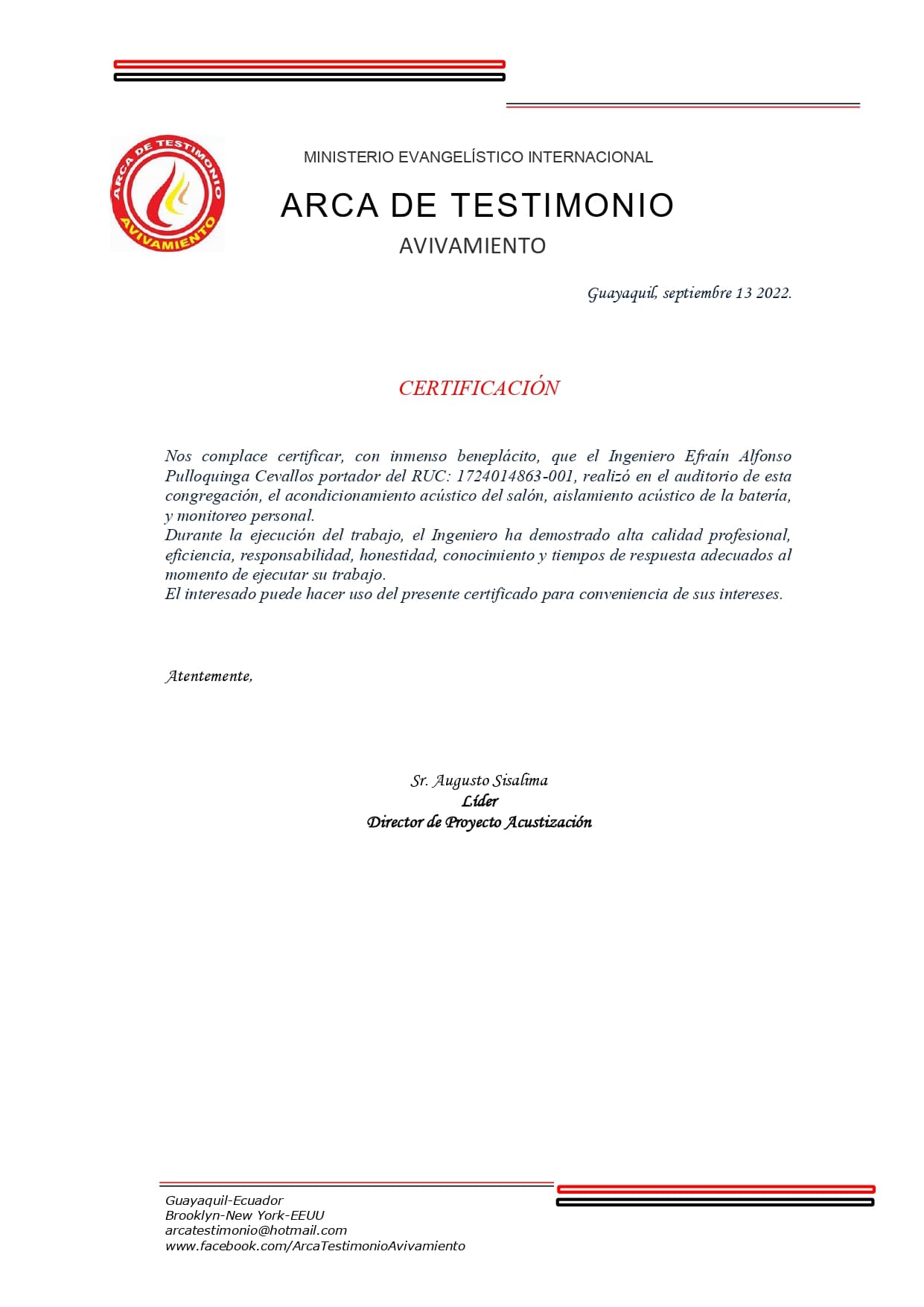 Certificado Arca de Avivamiento