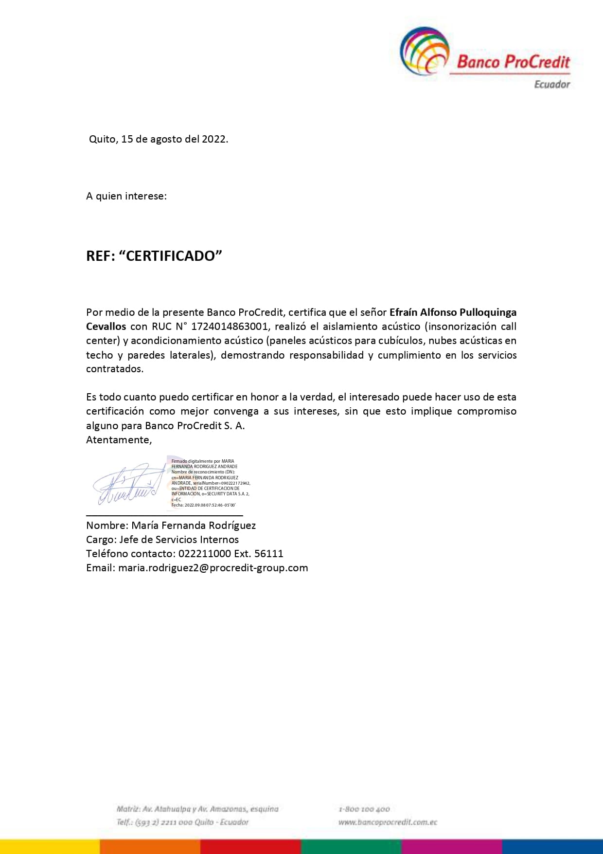 Certificado Banco Pro Credit